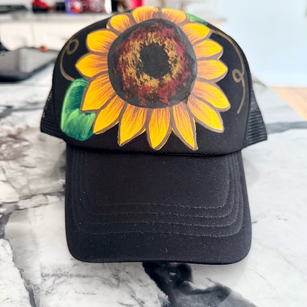 Hand Painted Sunflower Snapback Baseball Cap from Mexico